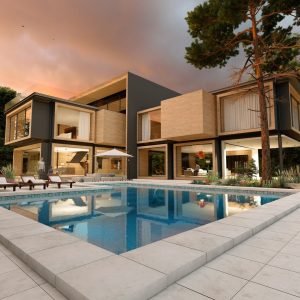 3D rendering of a large modern contemporary house in wood and concrete in early evening